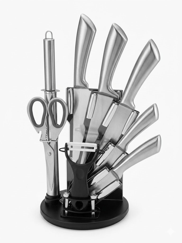 Set 9 Cuțite Profesionale de Bucătărie Swan, Oțel Inoxidabil, Design German Style cu Suport și Accesorii