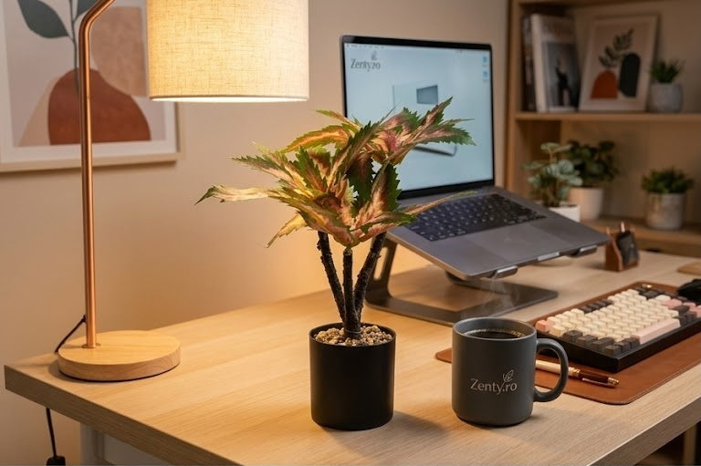 Plantă Artificială Exotică în Ghiveci – Frunziș Vibrant Verde-Roz, Design Modern