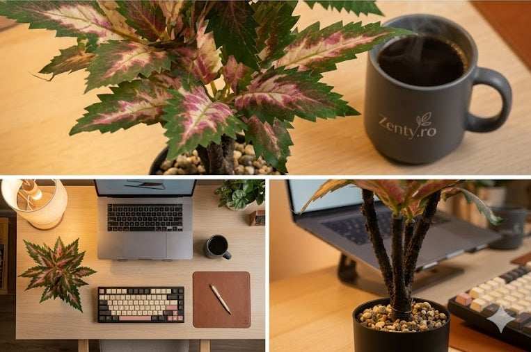 Plantă Artificială Exotică în Ghiveci – Frunziș Vibrant Verde-Roz, Design Modern