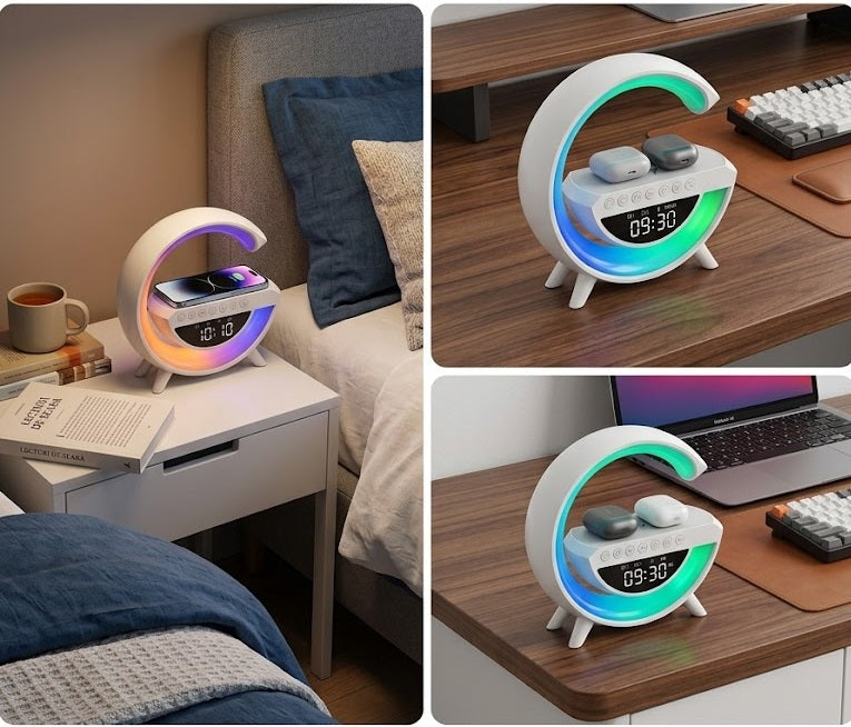 Lampă Smart RGB „G-Style” 5-în-1: Încărcător Wireless Rapid 15W, Boxă Bluetooth, Ceas Deșteptător și Lumină de Trezire, Alb