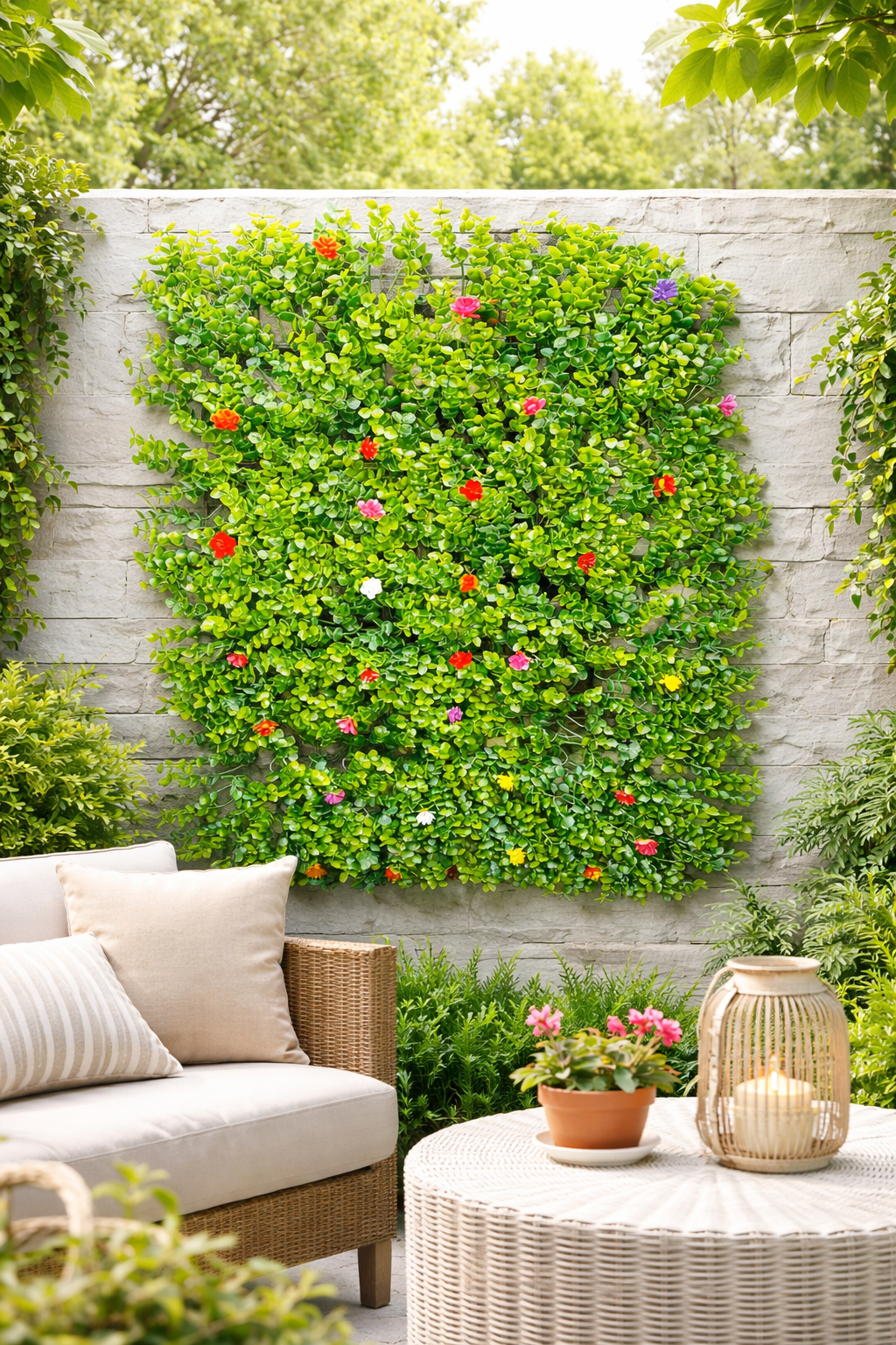 Panou Decorativ Premium – Gard Viu Artificial cu Flori Albe, 40x60 cm