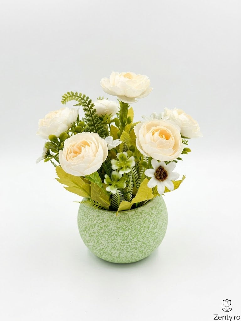 Aranjament Floral Artificial Premium în Ghiveci Ceramic Verde Pastel – Bujori și Flori de Câmp