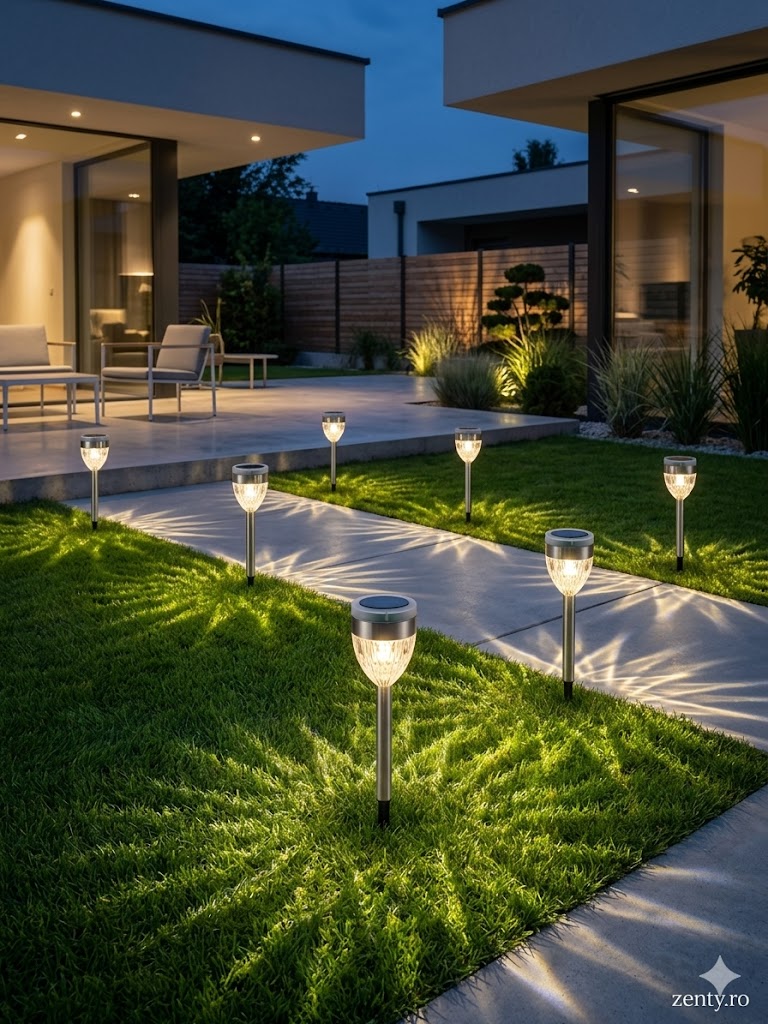 Lampă Solară pentru Grădină și Gazon Zenty, 37 cm, din Inox și ABS, Rezistentă la Intemperii, Lumină Ambientală LED