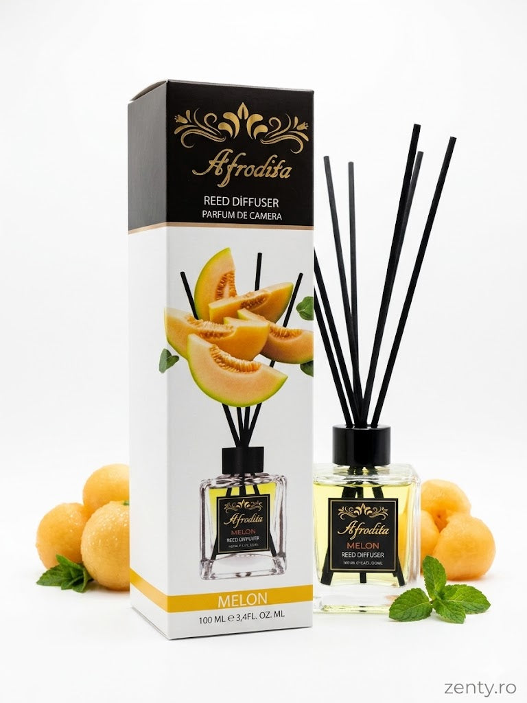 Odorizant de Parfum cu Bețișoare Afrodita Melon, 100ml – Aromă Dulce de Pepene Galben, Odorizant de Cameră Premium