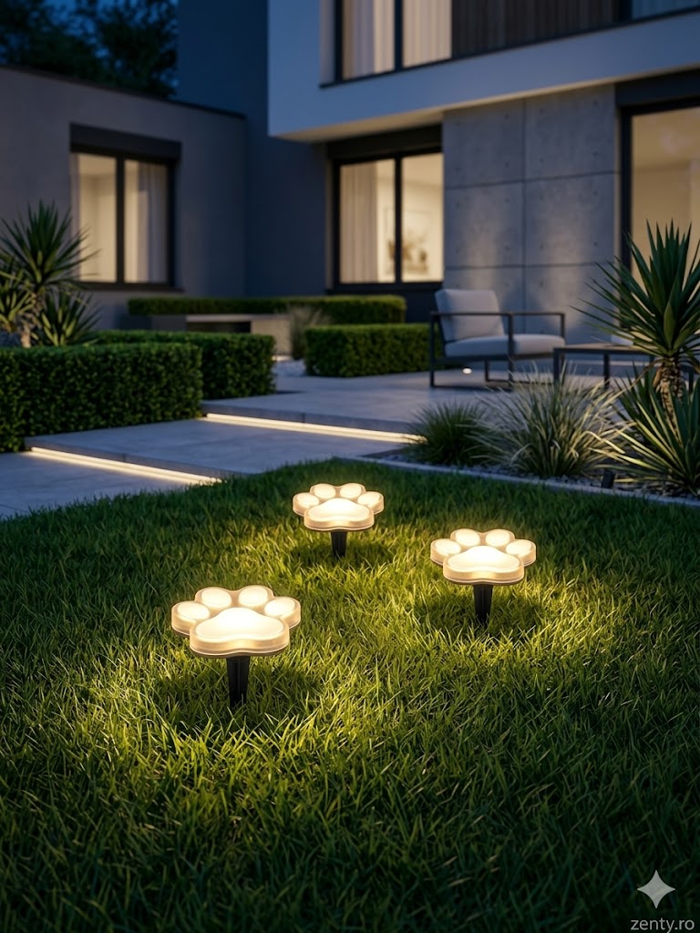 Set 3 Lămpi Solare LED pentru Gazon și Grădină Zenty, Model Lăbuțe de Animal, Impermeabile IP44, Lumină Caldă