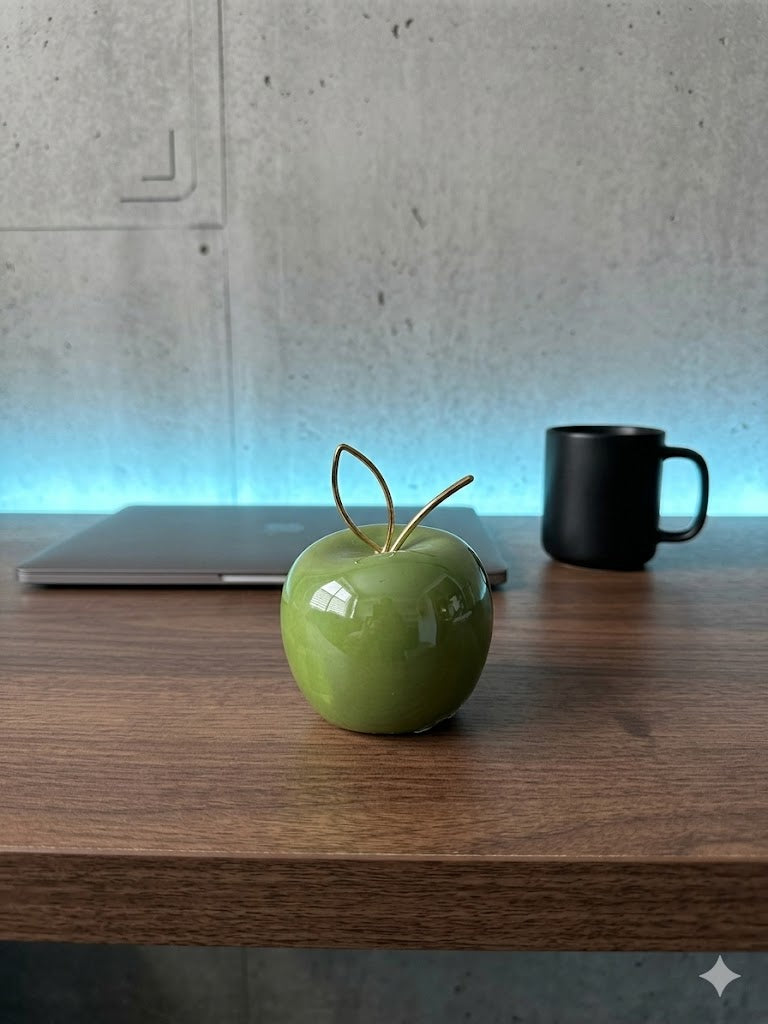 Măr Decorativ din Ceramică Verde cu Finisaj Lucios și Accente Aurii – Piesă de Design Elegantă