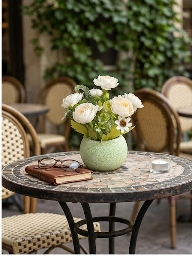 Aranjament Floral Artificial Premium în Ghiveci Ceramic Verde Pastel – Bujori și Flori de Câmp