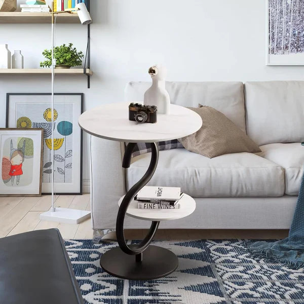 Măsuță de Cafea/Auxiliară cu Design Modern în Formă de "S", Blat Aspect Marmură și Cadru Metalic, 40x60 cm