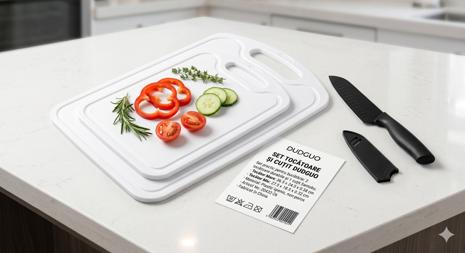 Set 2 Tocătoare de Bucătărie Zenty, Plastic Igienic, cu Cuțit Ergonomic Inclus, Rezistente la Pete, Culoare Galben Vibrant