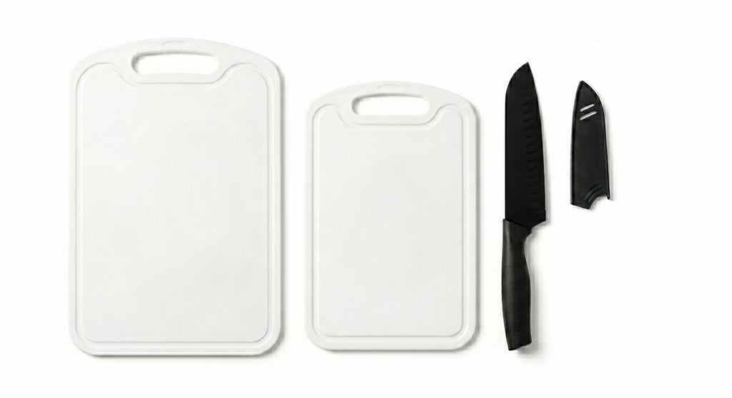 Set 2 Tocătoare de Bucătărie Zenty, Plastic Igienic, cu Cuțit Ergonomic Inclus, Rezistente la Pete, Culoare Galben Vibrant