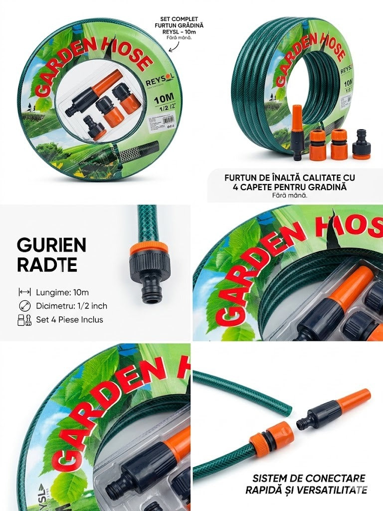 Set Complet Furtun de Apă / Grădină 10 Metri cu Conectori și Capăt de Stropit – Gata de Utilizare