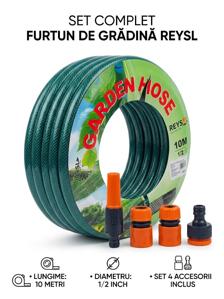 Set Complet Furtun de Apă / Grădină 10 Metri cu Conectori și Capăt de Stropit – Gata de Utilizare