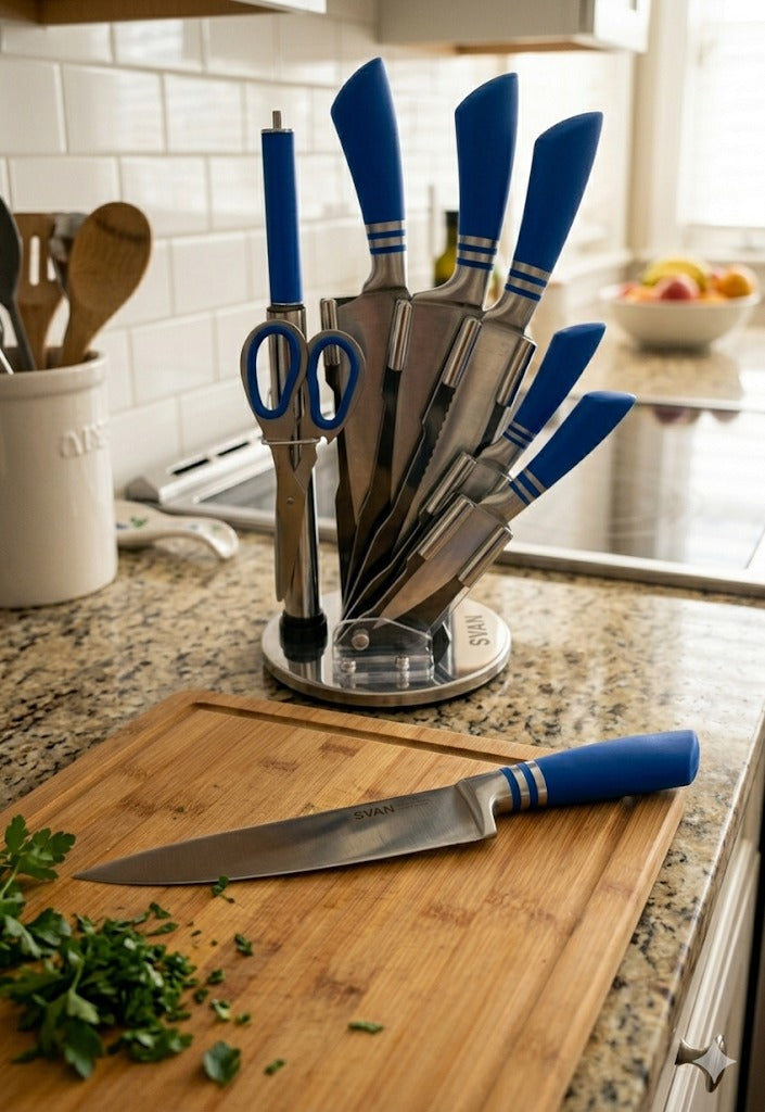 Set Cuțite de Bucătărie Premium Zenty, Inox Oțel Inoxidabil, Mânere Ergonomice + Suport Elegant, Foarfecă și Masat pentru Ascuțire Incluse
