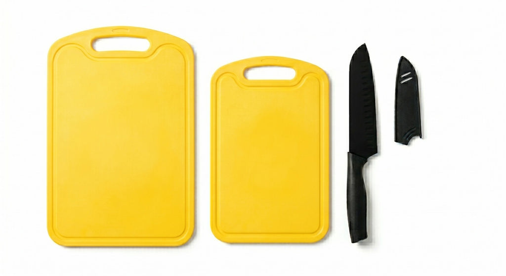 Set 2 Tocătoare de Bucătărie Zenty, Plastic Igienic, cu Cuțit Ergonomic Inclus, Rezistente la Pete, Culoare Galben Vibrant