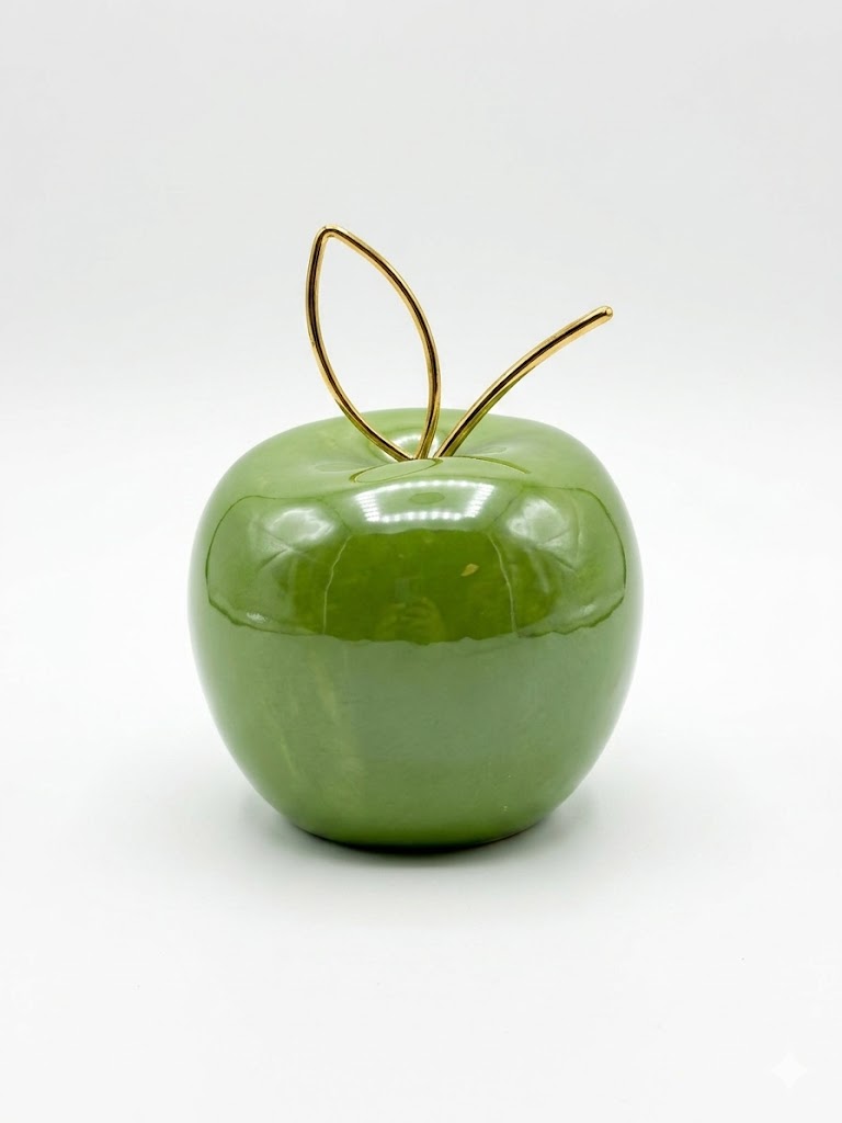 Măr Decorativ din Ceramică Verde cu Finisaj Lucios și Accente Aurii – Piesă de Design Elegantă