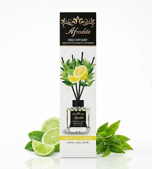 Odorizant de Camera cu Bețișoare Afrodita Green Tea &amp; Lemon, 100ml – Aromă Revigorantă de Ceai Verde și Lămâie