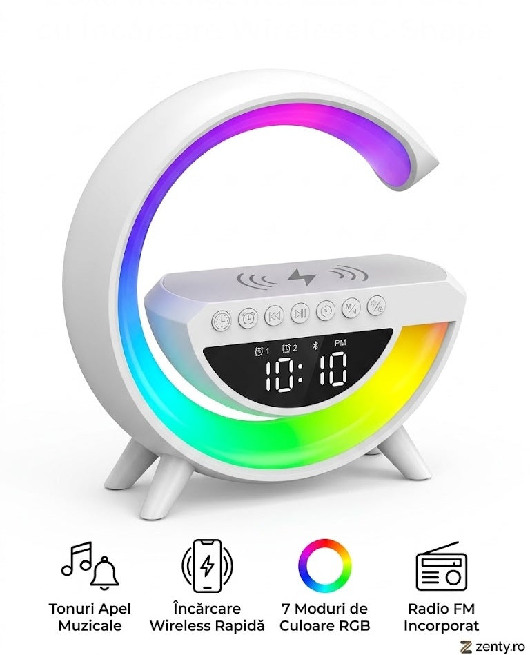 Lampă Smart RGB „G-Style” 5-în-1: Încărcător Wireless Rapid 15W, Boxă Bluetooth, Ceas Deșteptător și Lumină de Trezire, Alb